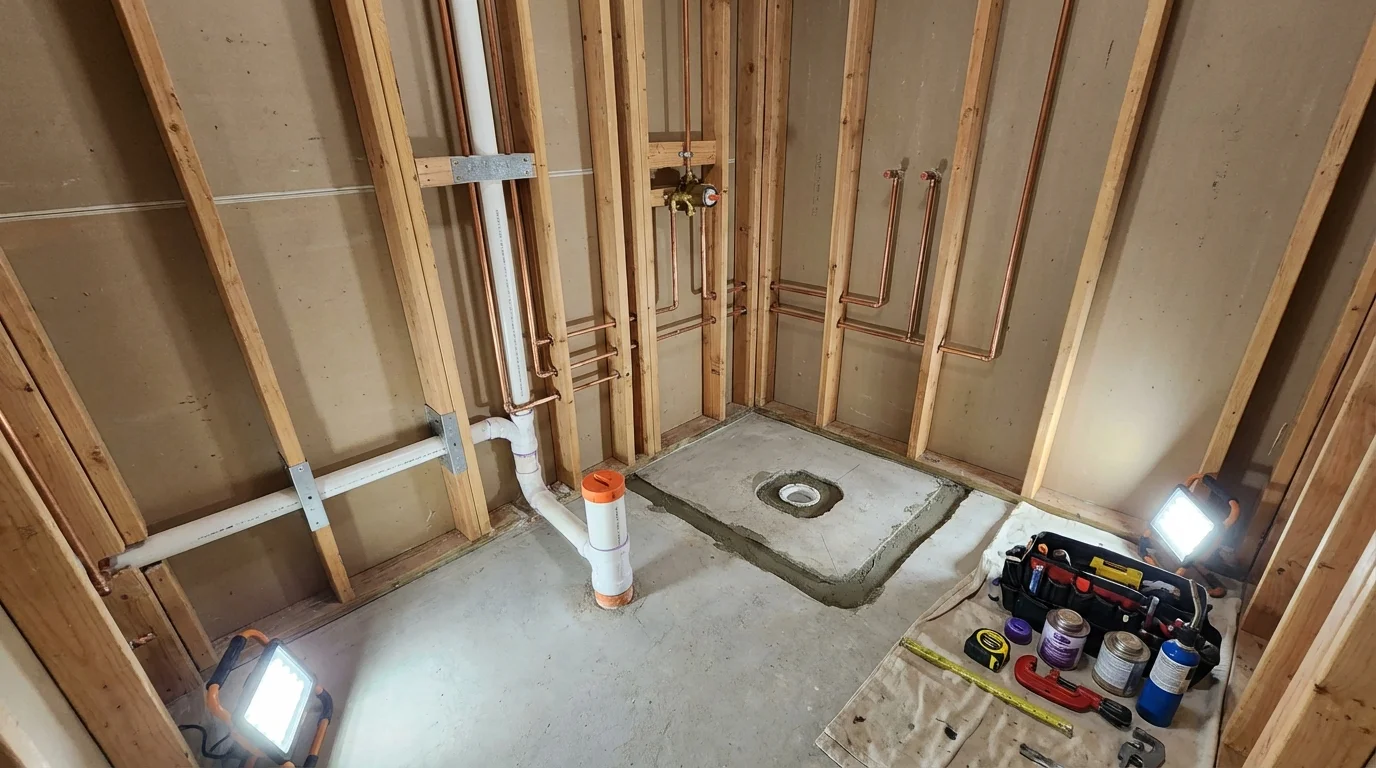 Bathroom rough-in plumbing during remodel by Johns Plumbing LLC in Jarrettsville