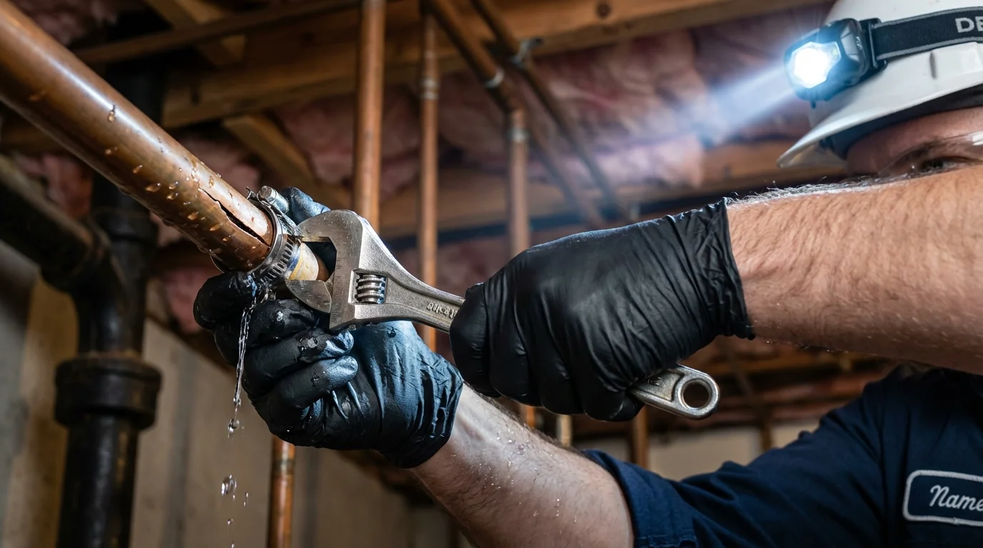 Emergency pipe clamp repair being performed by a Johns Plumbing LLC plumber in Jarrettsville