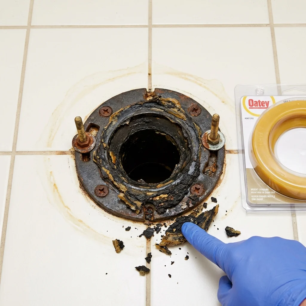 Failed wax ring showing water seepage at the base of a toilet in a Jarrettsville, MD home