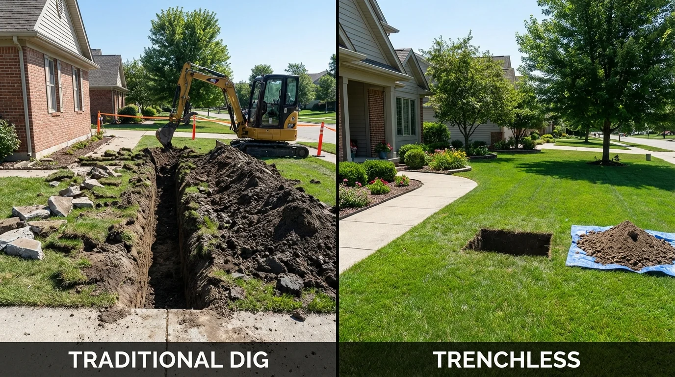 Trenchless sewer repair with minimal yard damage versus traditional excavation in Jarrettsville, MD