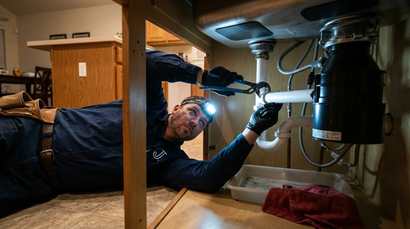 P-trap and supply line connections under a kitchen sink showing a common leak point in Jarrettsville, MD